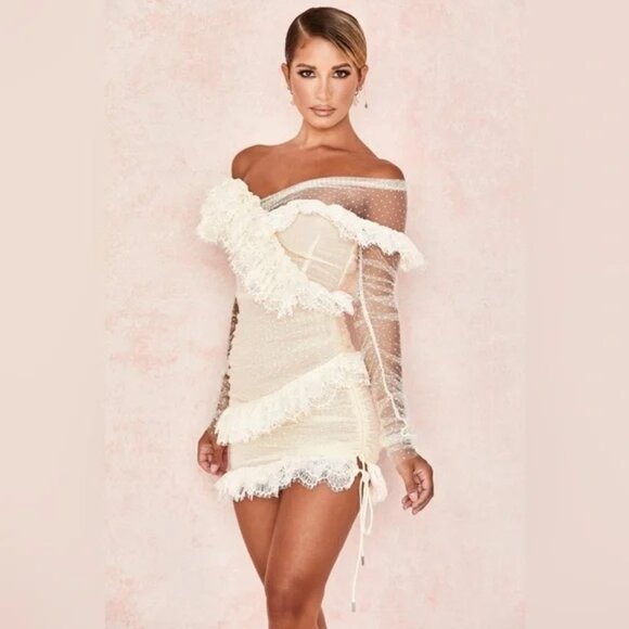 House of CB Sorrel Ivory Lace Frill Mini Dress Size M Off Shoulder Sexy Ruffles - Picture 13 of 13